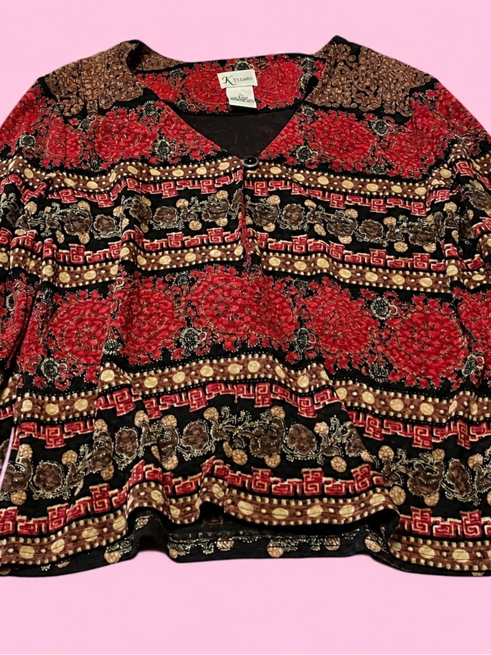 Vintage-Style Y2K K Studio Red & Black Baroque/Greek Print Blouse.